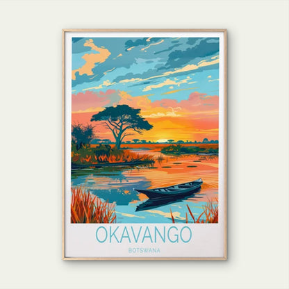 Okavango Botswana, Sunrise & Boat Paint Travel Poster Print Wall Art