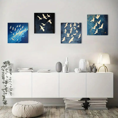 4pcs Blue & Golden Japanese Cranes Wall Art Canvas Framed