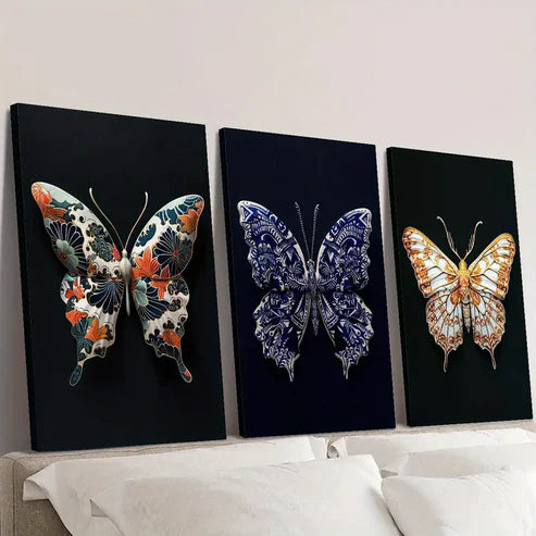 3pcs Japanese Butterfly on Black Background Wall Art Canvas Unframed – High Quality Print 100% Australian Made Wall Canvas