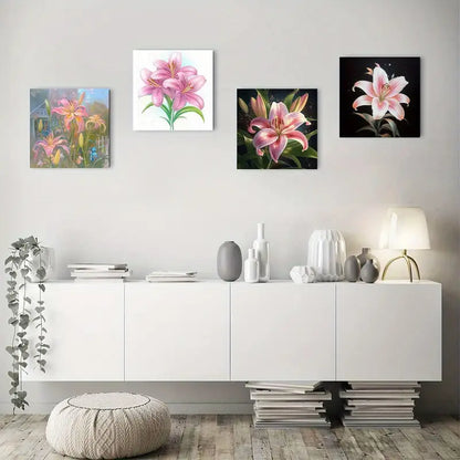 4pcs Vibrant Pink & White Lily Flower Wall Art Canvas Framed