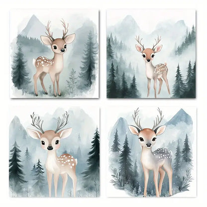 4pcs Deer In The Woods Canvas  Wall Art Canvas Framed