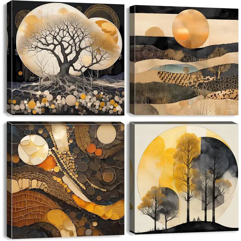 4pcs Nature Mountain Tree Of LifeWall Art Canvas Framed
