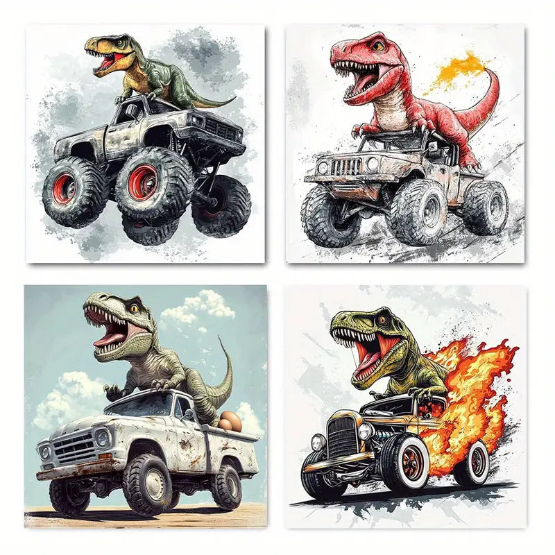 4pcs Dinosaur Cool Monster Truck  Wall Art Canvas Framed