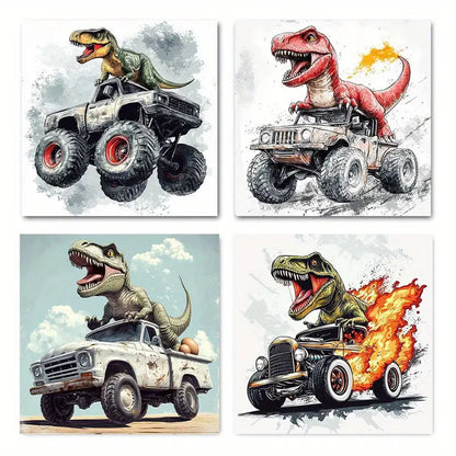 4pcs Dinosaur Cool Monster Truck  Wall Art Canvas Framed