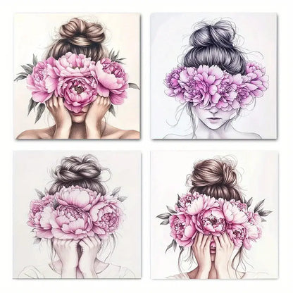 4pcs Girl with Messy Bun and Pink Peonies   Wall Art Canvas Framed