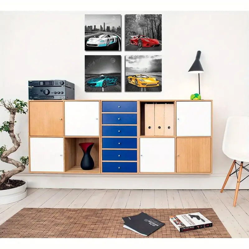 4pcs Teenage Boys And Car Enthusiasts   Wall Art Canvas Framed