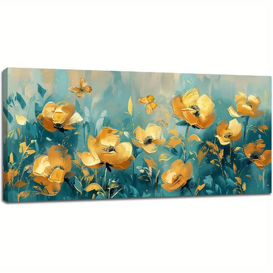 Abstract Flowers Teal & Golden Floral Butterfly Wall Art canvas office home room framed 120x60cm