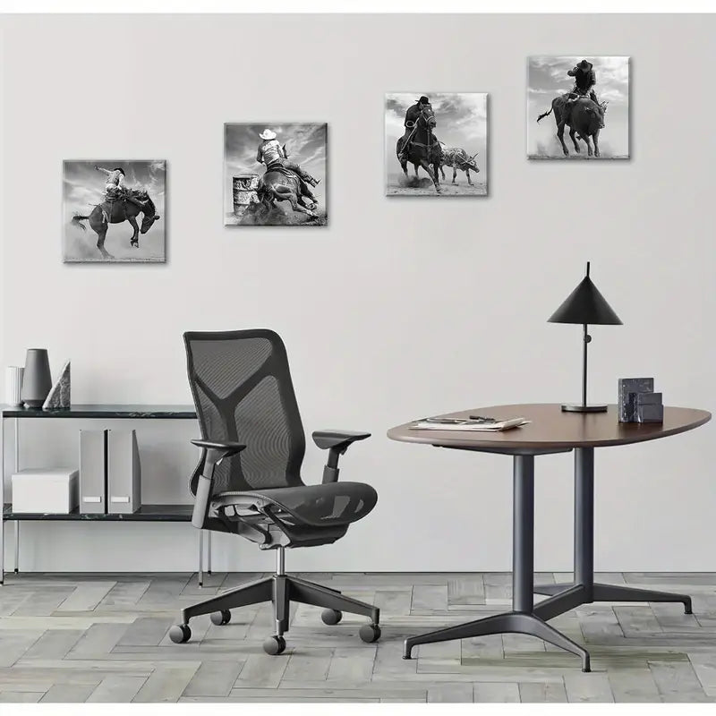 4pcs Black And White Cowboy Riding Horse Pictures Wall Art Canvas Framed