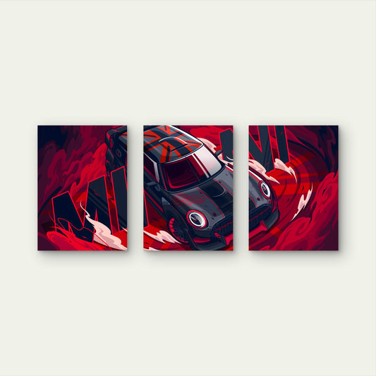 3pcs Fiery Crimson Union Jack Motorsport Metal Print Ready to Hang Art