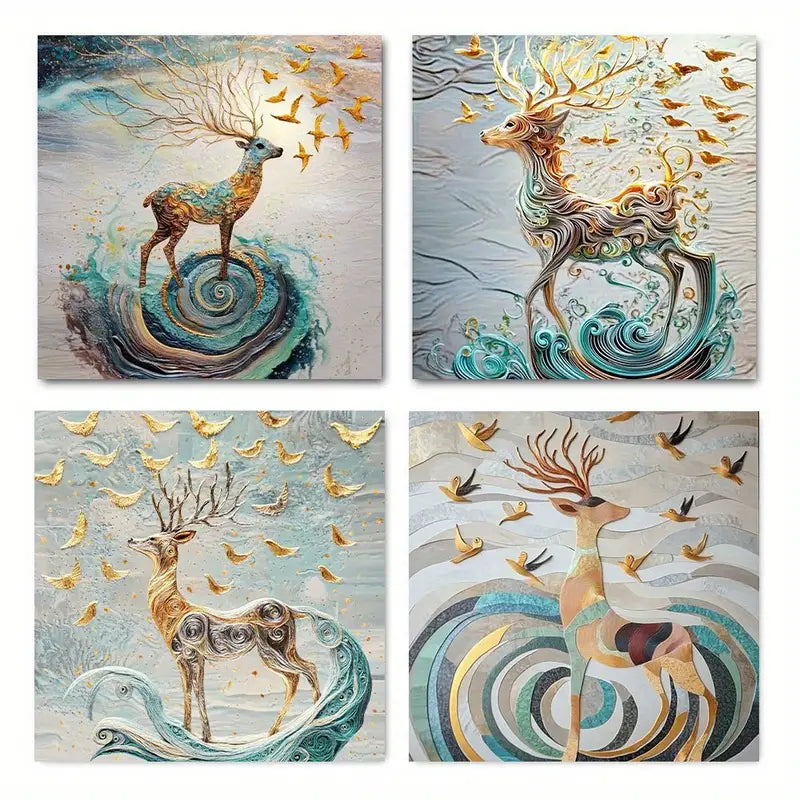 4pcs Feng Shui Golden Rich Tree Wall Art Canvas Framed