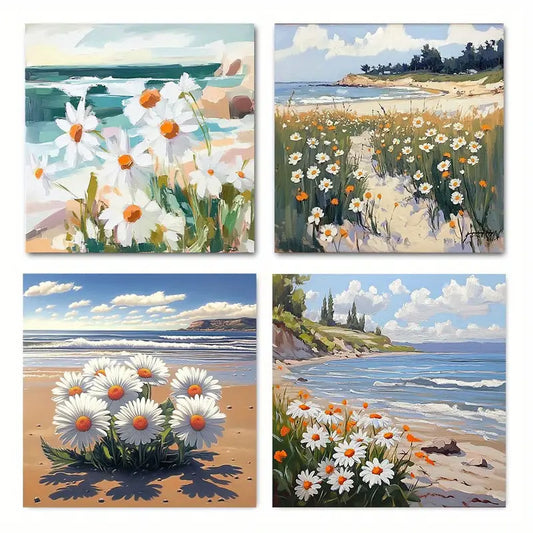 4pcs Beach Coastal Floral Ocean Waves & Wildflowe Wall Art Canvas Framed