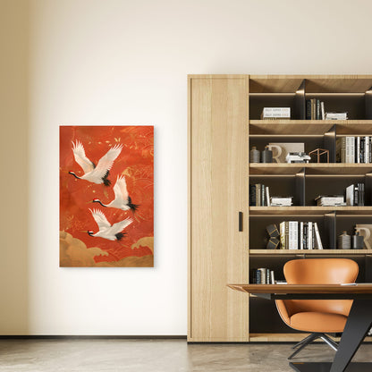 Several Flying Cranes Retro Style Red Background 60x90cm Metal Print Ready to Hang