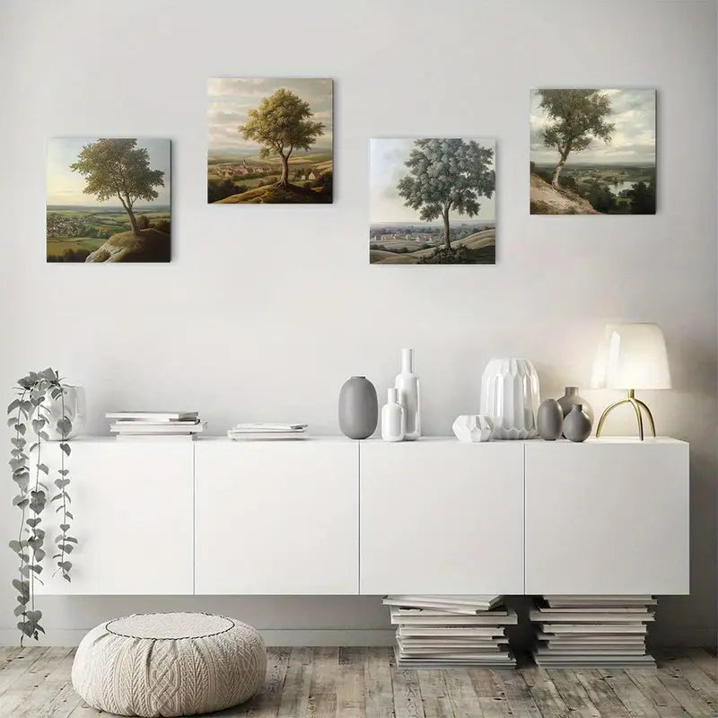 4pcs Country Tree Chimney Picture Wall Art Canvas Framed