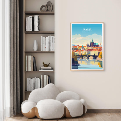 Prague Czech Republic, Bridge & Houses Travel Poster Print Wall Art