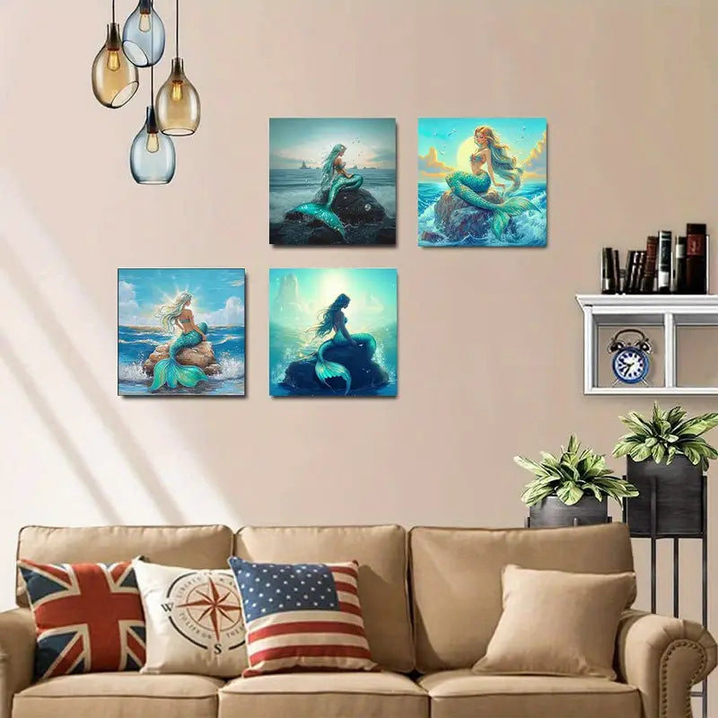 4pcs Vibrant Teal & Blue Tails Wall Art Canvas Framed