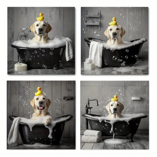 4pcs Funny Bathtub Labrador Picture Wall Art Canvas Framed