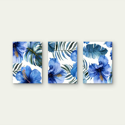 3pcs Blue Hibiscus Tropical Palm Leaf Decor Wall Art Set Canvas Framed 50x70cm - High Quality Print 100% Australian Made Wall Canvas Ready to Hang