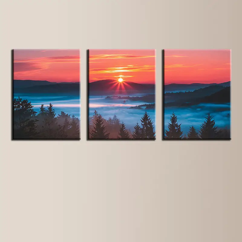 3pcs Vintage Sunrise Blue Oil Painting Metal Print Ready to Hang Art