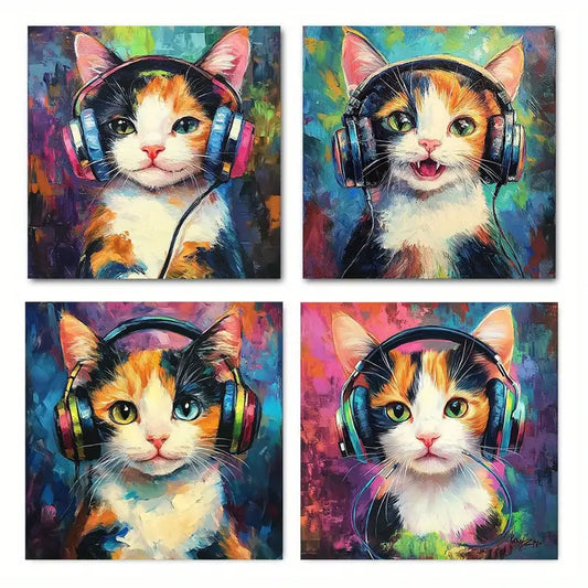4pcs  Cat with Headphones  KING    Wall Art Canvas Framed