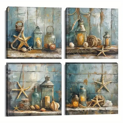4pcs Ocean Theme Starfish Shell Lamp Rope Canvas Wall Art Canvas Framed