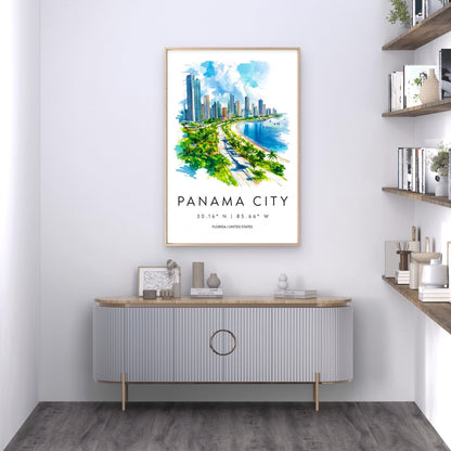 Panama City Florida Coastal Skyline View Travel Poster Print Wall Art