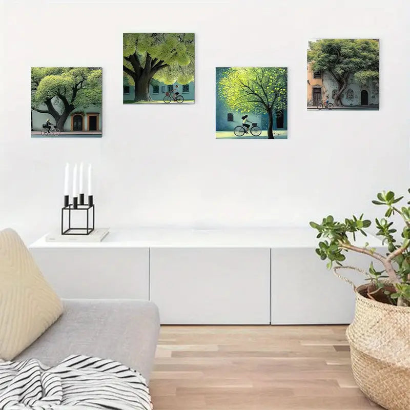 4pcs Bicycle And Tree Picture Wall Art Canvas Framed