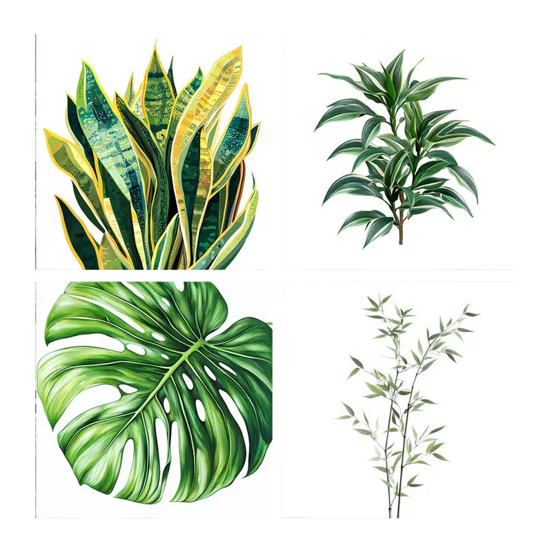 4pcs, Tropical Leaves &  Lush Green Wall Art Canvas Framed