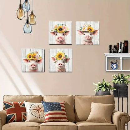 4pcs Funny Pig Poste With Floral Crown  Wall Art Canvas Framed