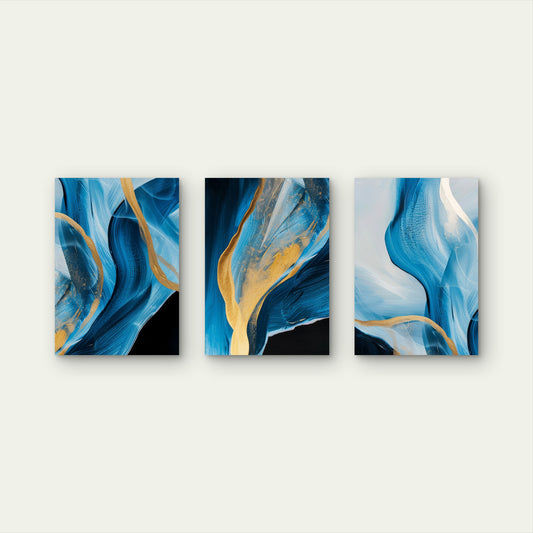 3pcs Abstract Gold Feather Navy Blue Metal Print Ready to Hang Art