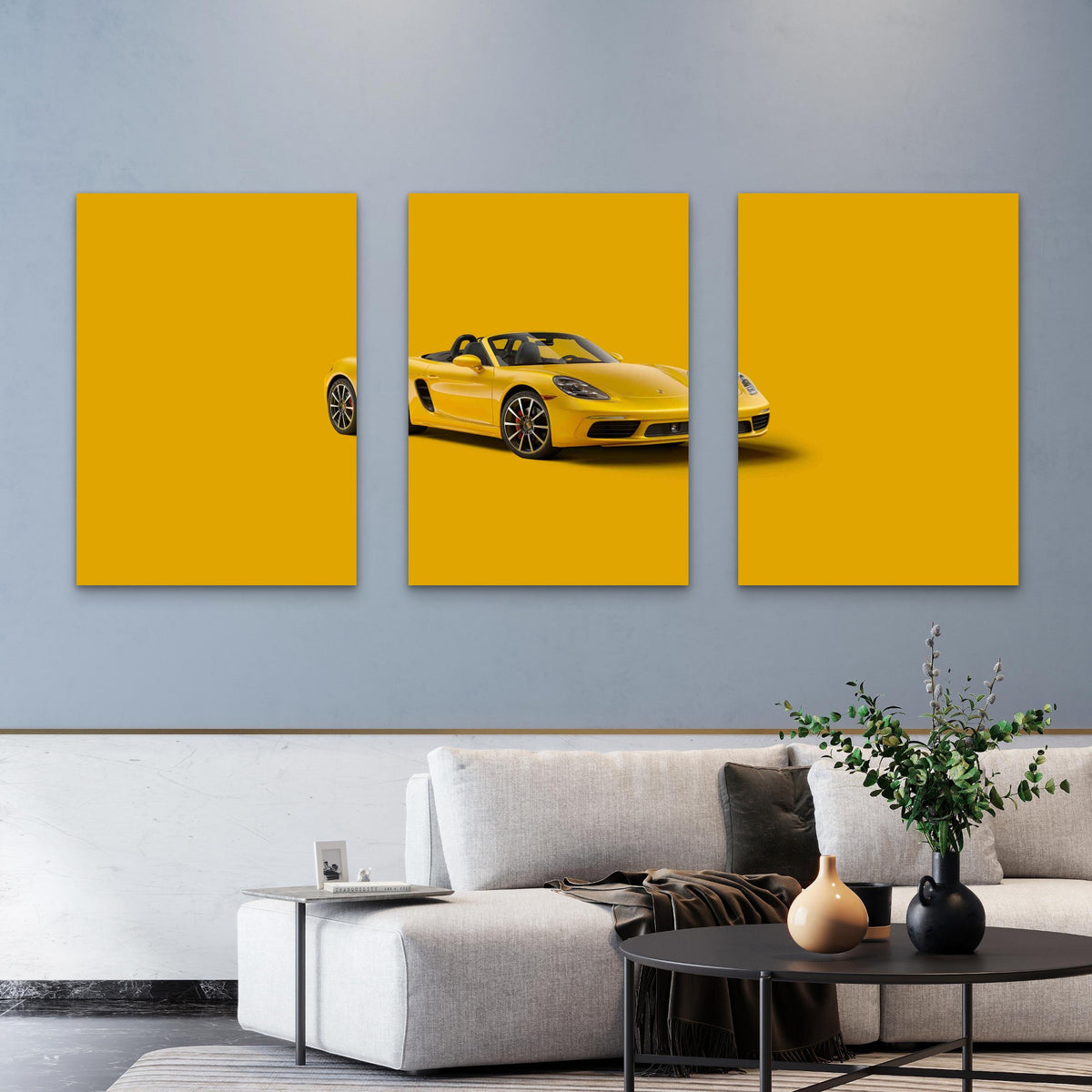3pcs Mustard European Convertible Sports Car Metal Print Ready to Hang Art
