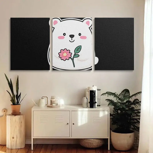 3pcs Cute White Bear Holding Pink Flower Classic Design Metal Print Ready to Hang Art