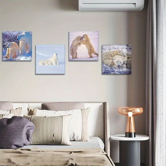 4pcs  Polar Bear Family Picture Paintingg Wall Art Canvas Framed