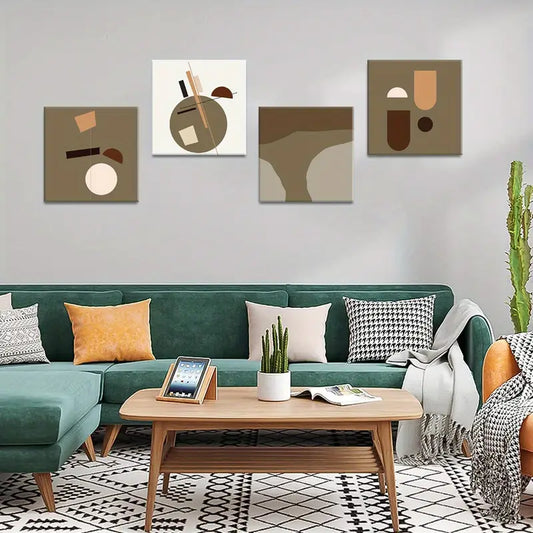 4pcs Geometric Brown & Beige  Wall Art Canvas Framed