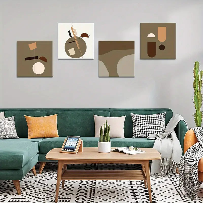 4pcs Geometric Brown & Beige  Wall Art Canvas Framed
