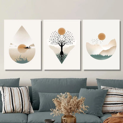 3pcs Sunset, Tree of Life, and Lake Scene with Boat Metal Print Ready to Hang Art