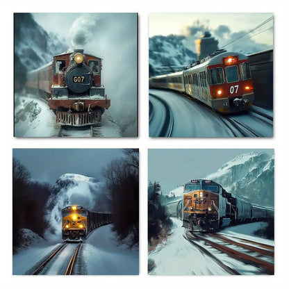 4pcs Snowy Mountain Train ScenesWall Art Canvas Framed