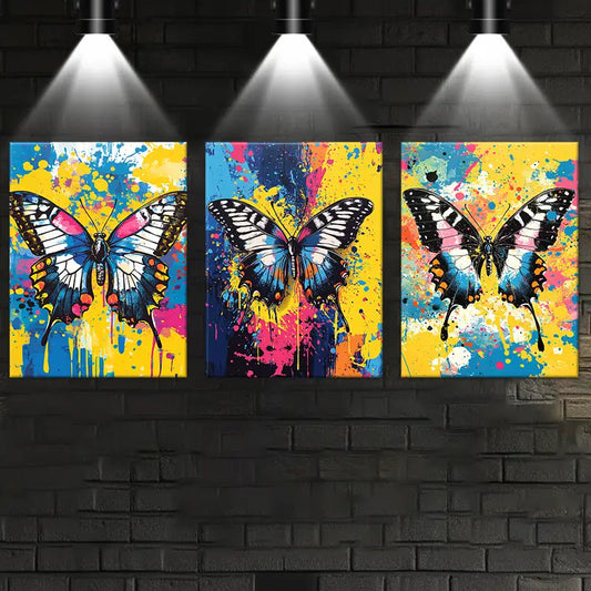 3pcs Watercolor Brightly Colored Butterfly Abstract Metal Print Ready to Hang Art