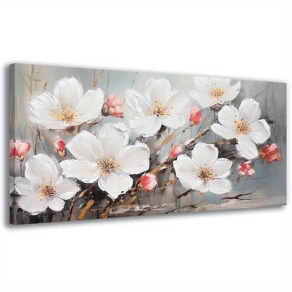 Abstract Blooming Flowers Elegant White & Golden Floral Wall Art canvas office home room framed 120x60cm