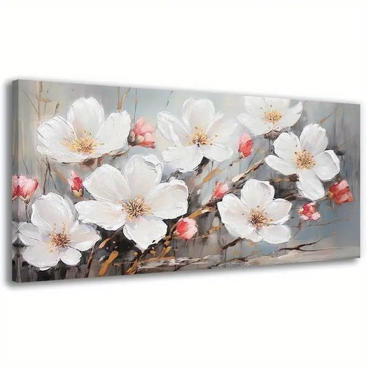 Abstract Blooming Flowers Elegant White & Golden Floral Wall Art canvas office home room framed 120x60cm