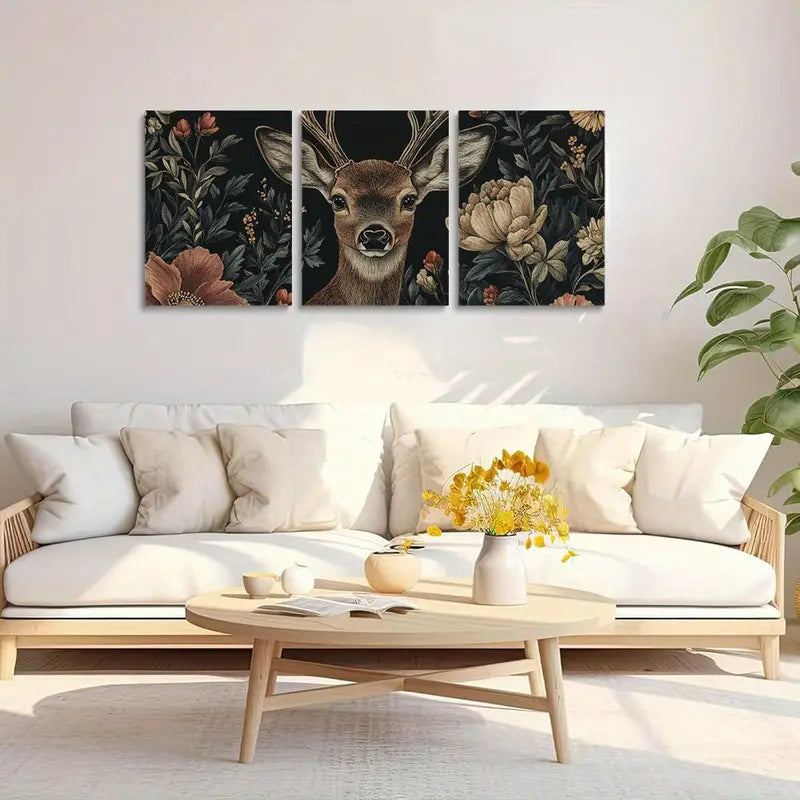 3pcs Nature Scene with Stag and Wildflowers & Deer Metal Print Ready to Hang Art
