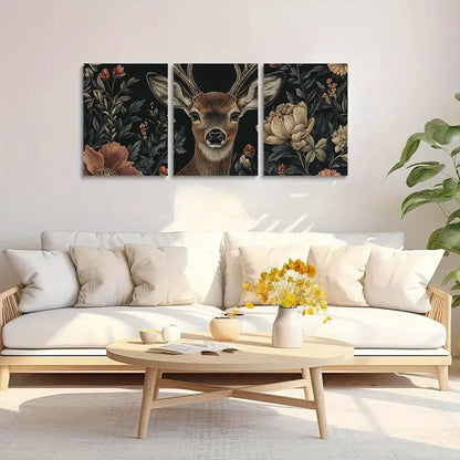 3pcs Nature Scene with Stag and Wildflowers & Deer Metal Print Ready to Hang Art