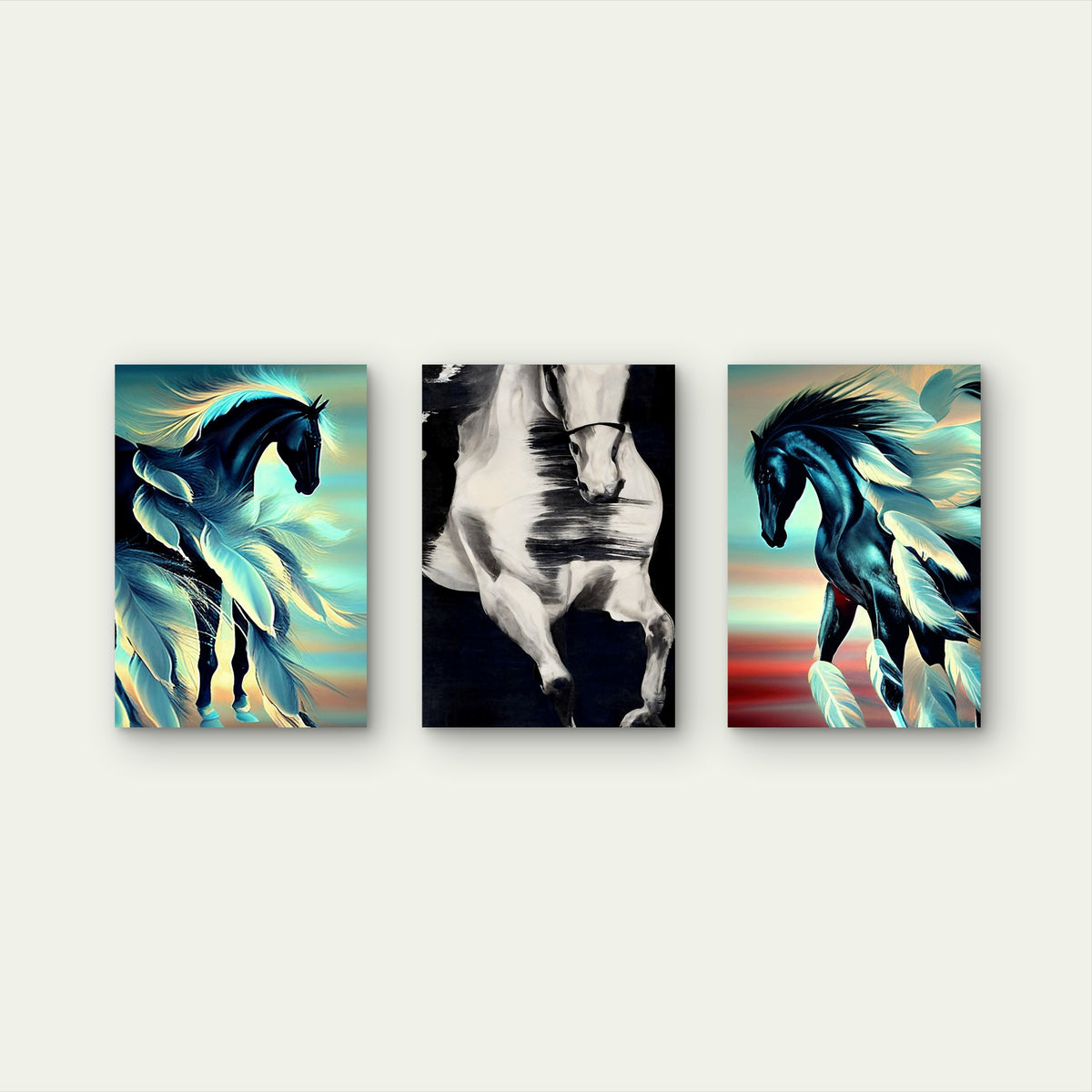 3pcs Majestic Running Horse Feather Motif Wall Art Set Canvas Framed 50x70cm - High Quality Print 100% Australian Made Wall Canvas Ready to Hang
