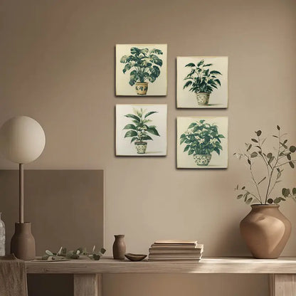 4pcs  Vase With Green Leave Plants Wall Art Canvas Framed