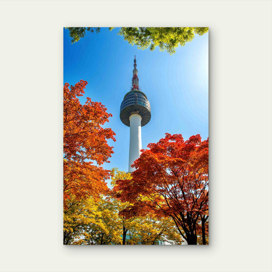 Seoul Tower Red Autumn Maple Leaves 60x90cm Metal Print Ready to Hang