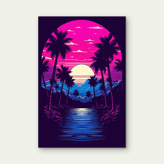 Neon Horizon Framed by Palm Silhouettes 60x90cm Metal Print Ready to Hang