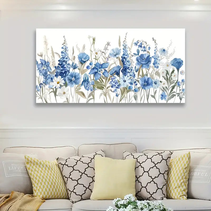 Vibrant Blue Iris & Daisy  Modern Botanical Wall Art  canvas office home room framed 120x60cm