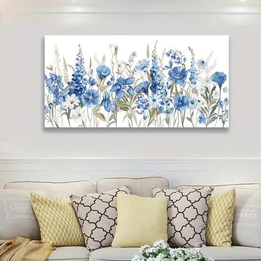 Vibrant Blue Iris & Daisy  Modern Botanical Wall Art  canvas office home room framed 120x60cm