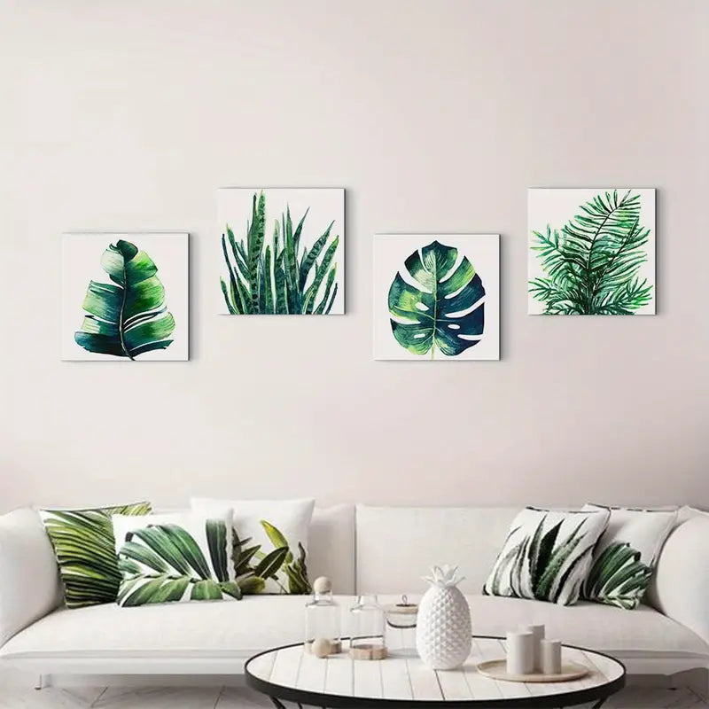 4pcs Tropical Plant Wall Art - Green Monstera Wall Art Canvas Framed
