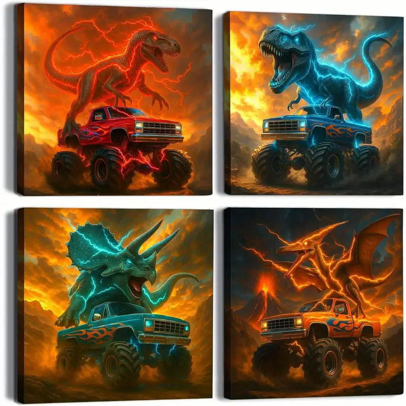 4pcs Truck, Tractor, Digger & Excavator Designs Wall Art Canvas Framed