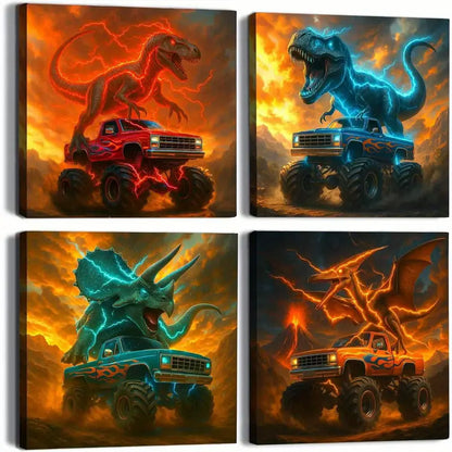 4pcs Truck, Tractor, Digger & Excavator Designs Wall Art Canvas Framed